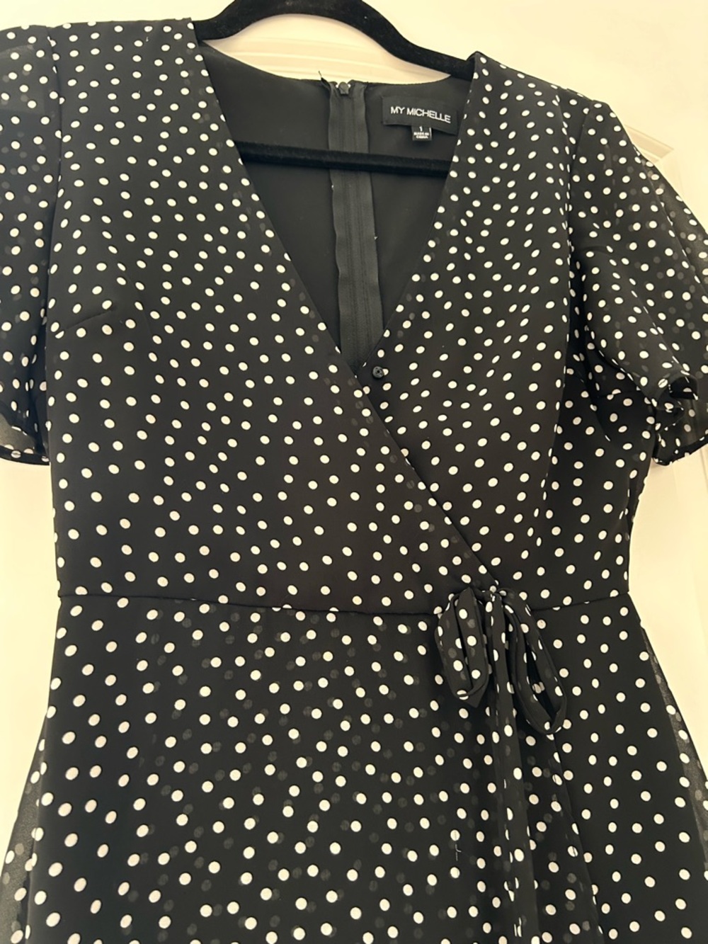 My Michelle Polka Dot Faux Wrap Skater Dress. Flutter Sleeve. Feminine. Retro. - Picture 2 of 12